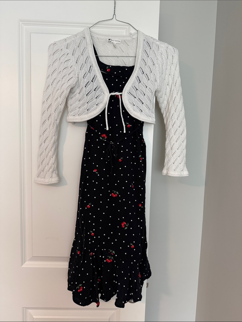 Self Esteem Black Polka Dot Cherry Midi Dress with White Knit Cover